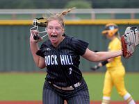 Prosper Rock Hill’s Grace Berlage celebrates after getting a strikeout to end Game 3 of a...