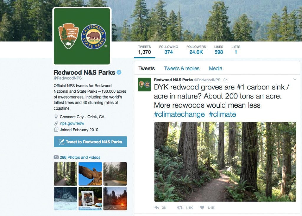 This photo shows a Twitter post from the National Park Service's Redwoods National Park...