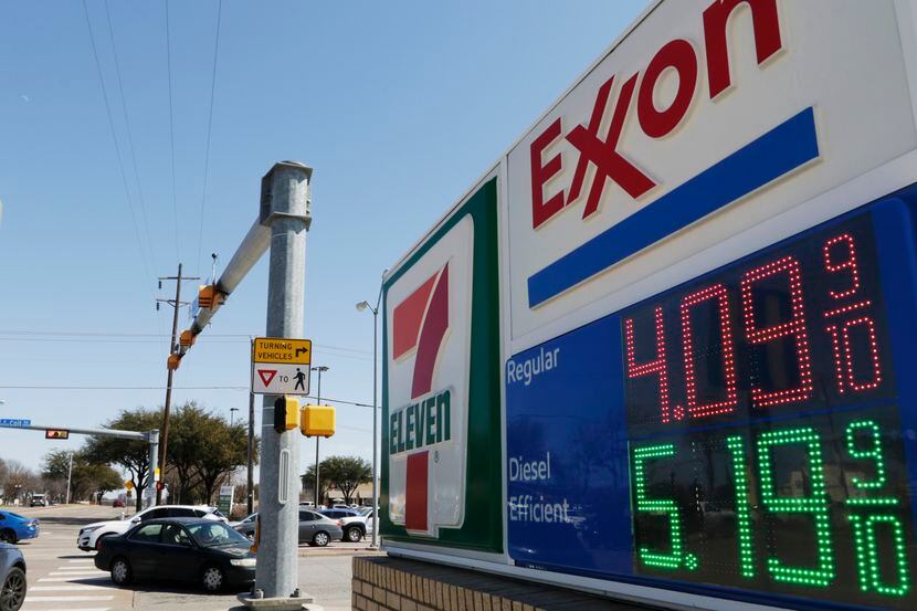 Gas prices are shown on Wednesday, March 9, 2022, at an Exxon- 7-Eleven convenience store at...
