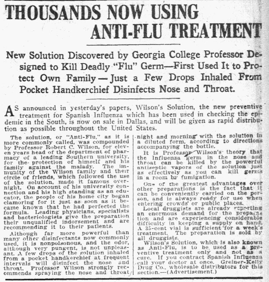 "Thousands now using Anti-Flu Treatment"  as seen on Nov. 23, 1918.