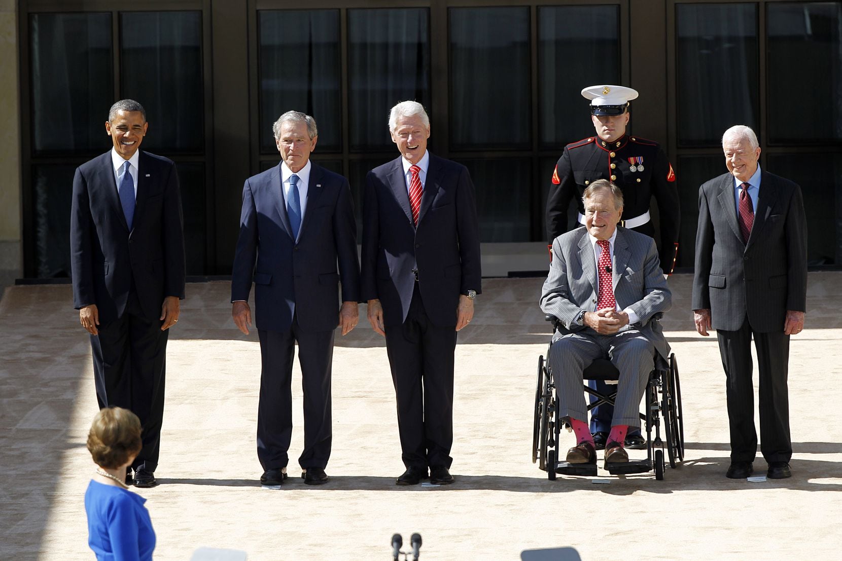 President Barack Obama, and former presidents, from second from left, George W. Bush, Bill...