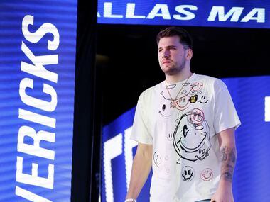 Dallas Mavericks guard Luka Doncic arrives for Game 5 of an NBA first-round playoff game...