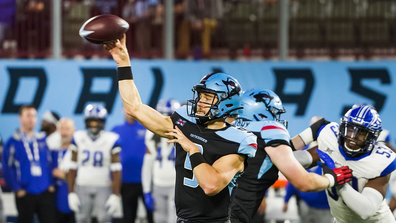 Dallas Renegades quarterback Philip Nelson (9) throws a pass during the second half of an XFL football game against the St. Louis Battlehawks at Globe Life Park on Sunday, Feb. 9, 2020, in Arlington.