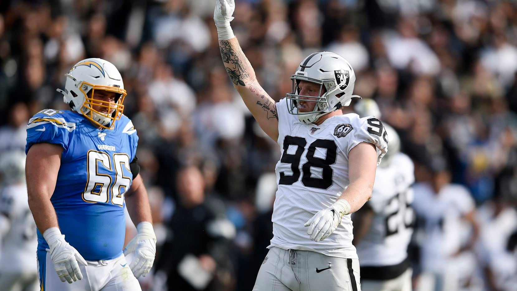 FILE - Raiders defensive end Maxx Crosby is pictured during the first half of a game against the Chargers in Carson, Calif., on Sunday, Dec. 22, 2019. (AP Photo/Kelvin Kuo)
