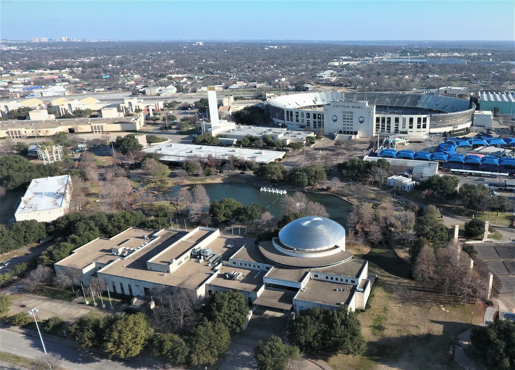 A recent aerial view of Fair Park, taken from a drone, with the building that organizers...