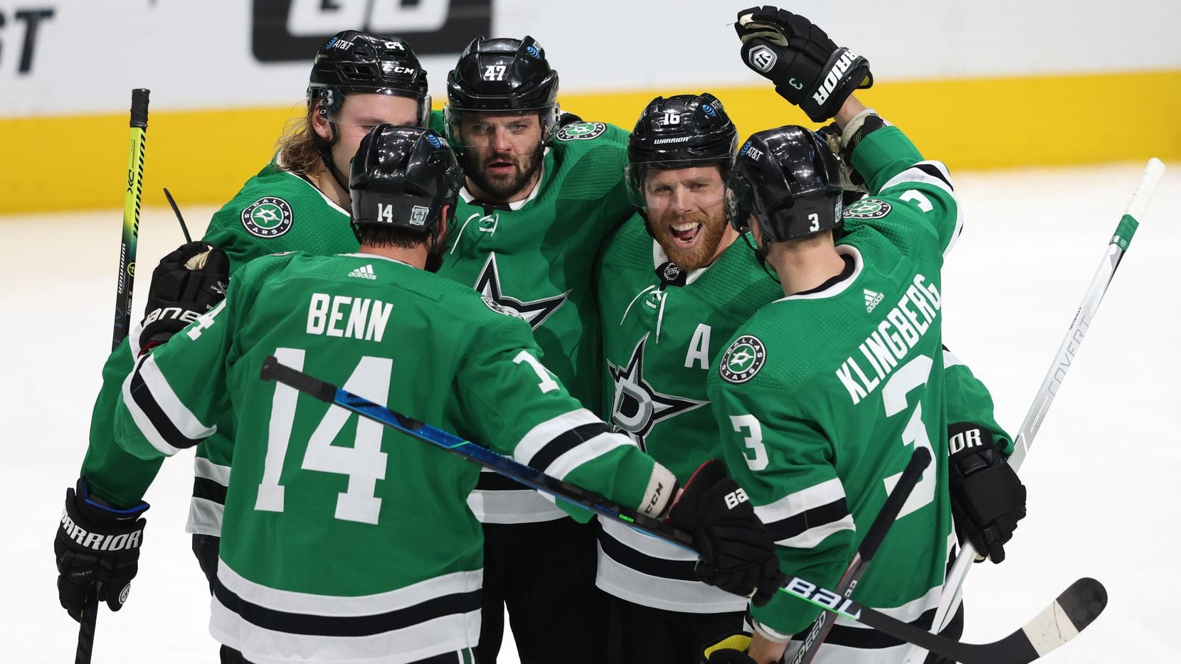 Dallas Stars right wing Alexander Radulov (47) is congratulated by teammates Dallas Stars center Joe Pavelski (16), Dallas Stars left wing Jamie Benn (14), Dallas Stars defenseman John Klingberg (3), and Dallas Stars left wing Roope Hintz (24) after Radulov scored a goal in a game against the Nashville Predators during the second period of play in the Stars home opener at American Airlines Center on Friday, January 22, 2021 in Dallas.