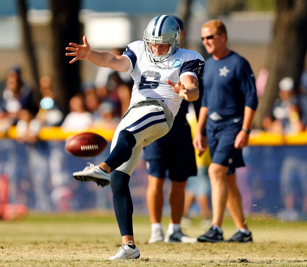 Dallas Cowboys punter Chris Jones (6) punts the ball away during afternoon practice at...