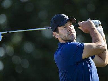 Tony Romo tees off on the 2nd hole during the rained delayed second round of the Korn Ferry...