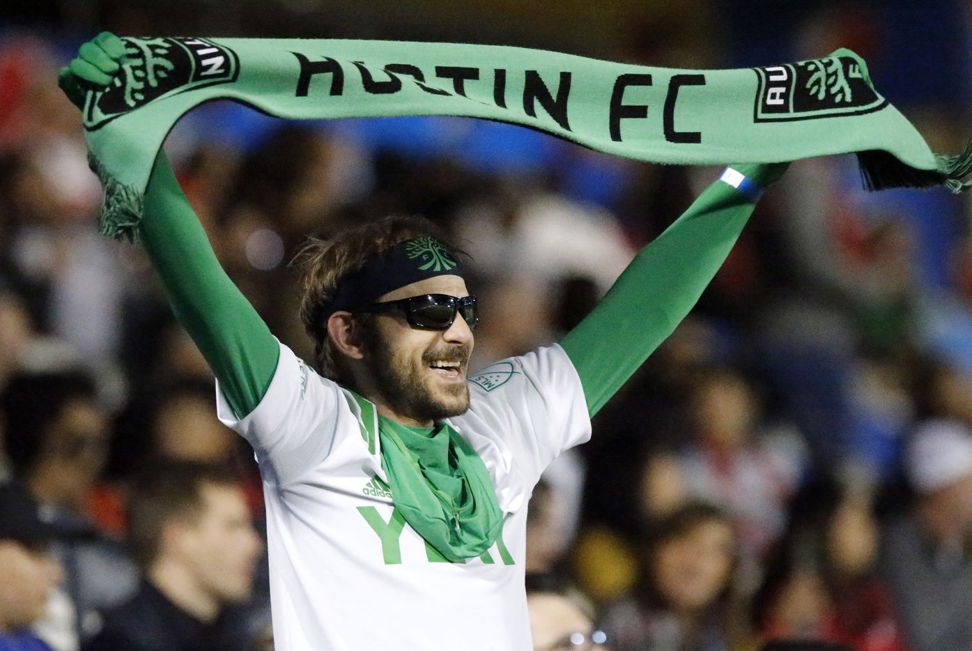An Austin FC fans celebrates the his team going up 1-0 during the first half as FC Dallas hosted Austin FC at Toyota Stadium in Frisco on Saturday, October 30, 2021. (Stewart F. House/Special Contributor)