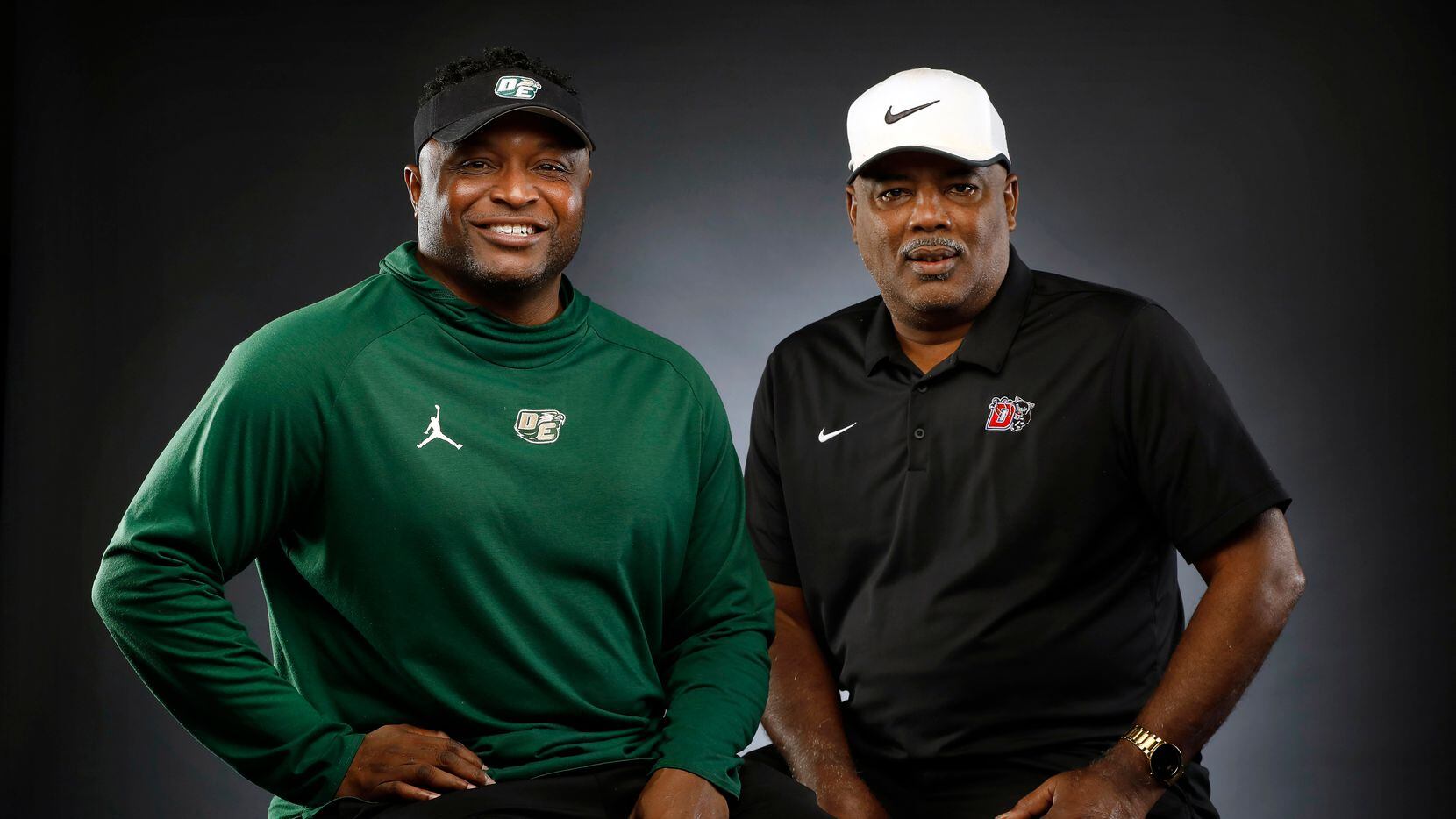 Dallas Morning News’ All-Area Co-Coaches of the Year, Claude Mathis of DeSoto (left) and...