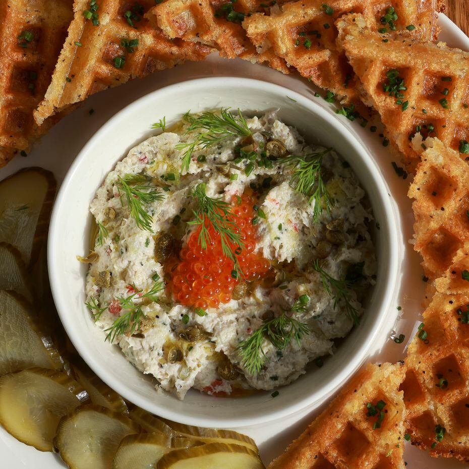 A plate of blue crab dip with yukon potato waffles at The Finch in Dallas. 