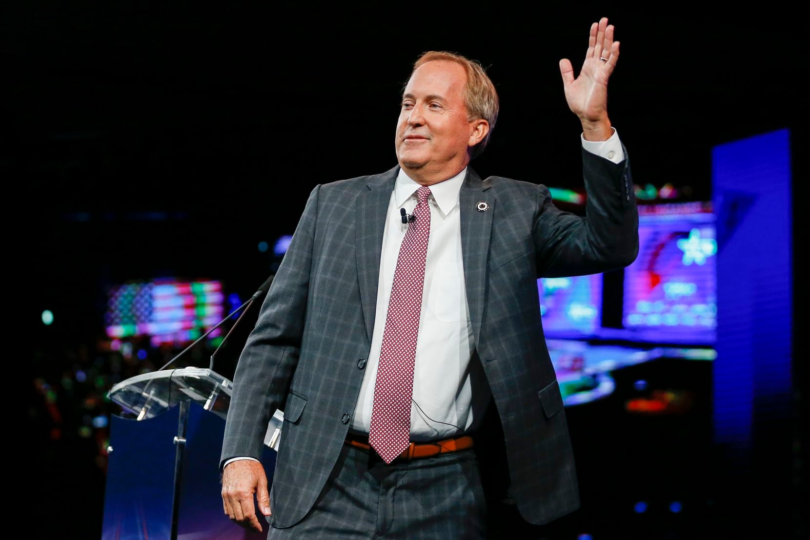 Texas Attorney General Ken Paxton gives remarks at the Conservative Political Action Conference on Sunday, July 11, 2021, in Dallas. (Elias Valverde II/The Dallas Morning News)
