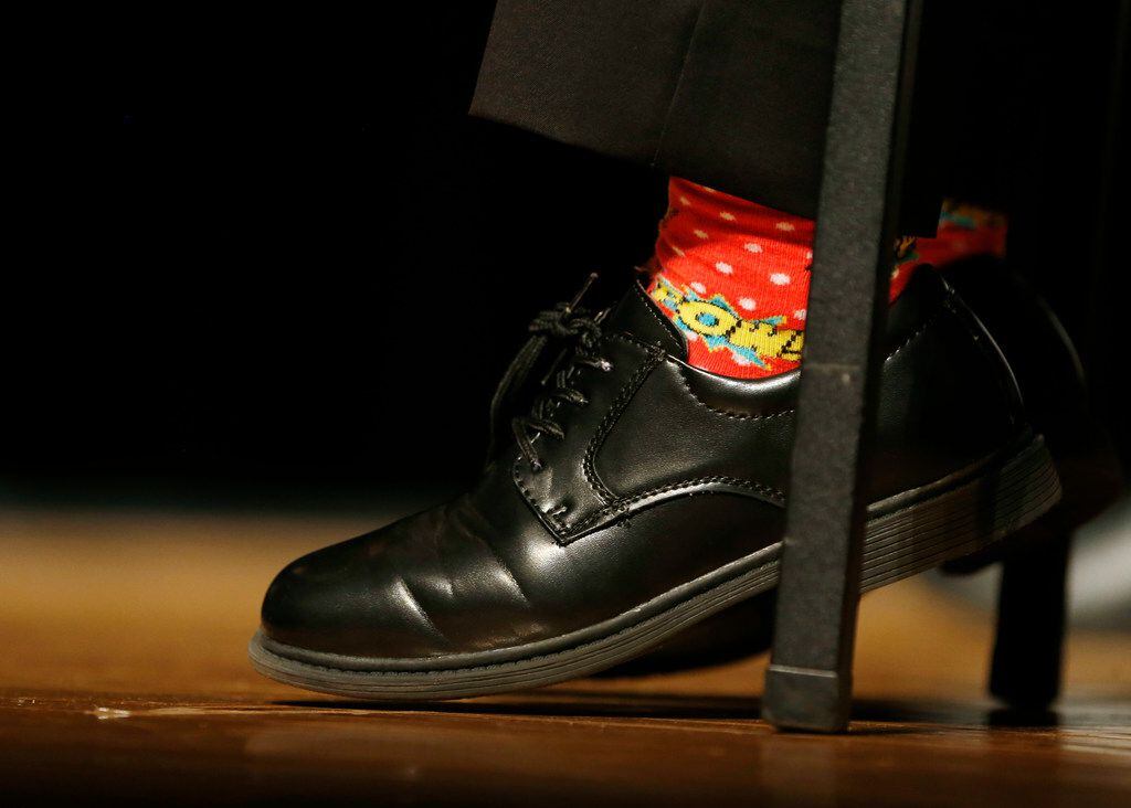 Fourth grader, Wesley Trent Stoker, of Harry C. Withers Elementary School sports power socks...