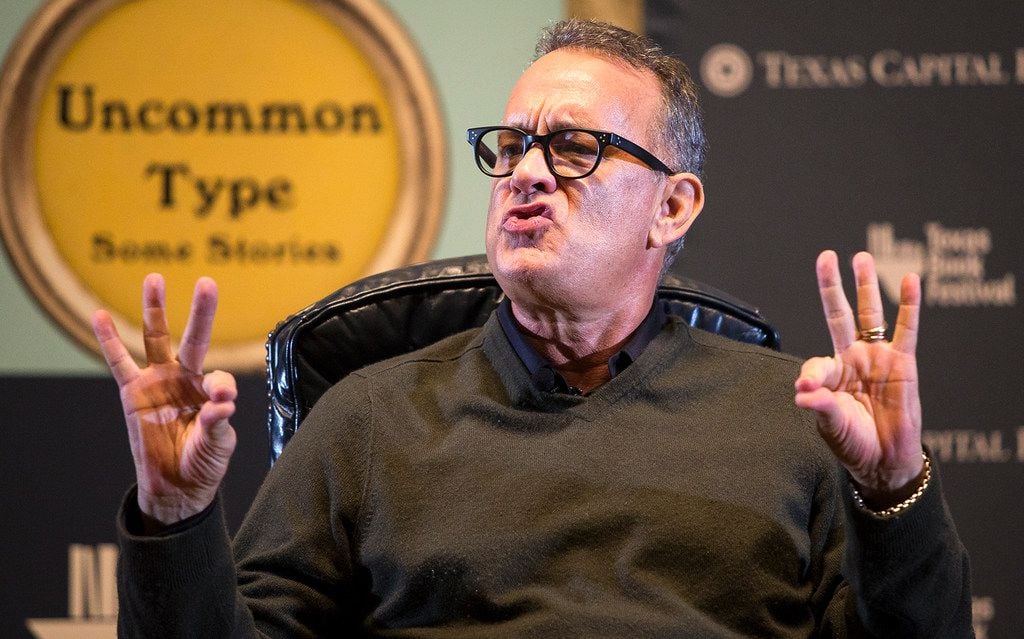 Tom Hanks mimics President Donald Trump while discussing his book, Uncommon Type, during the...