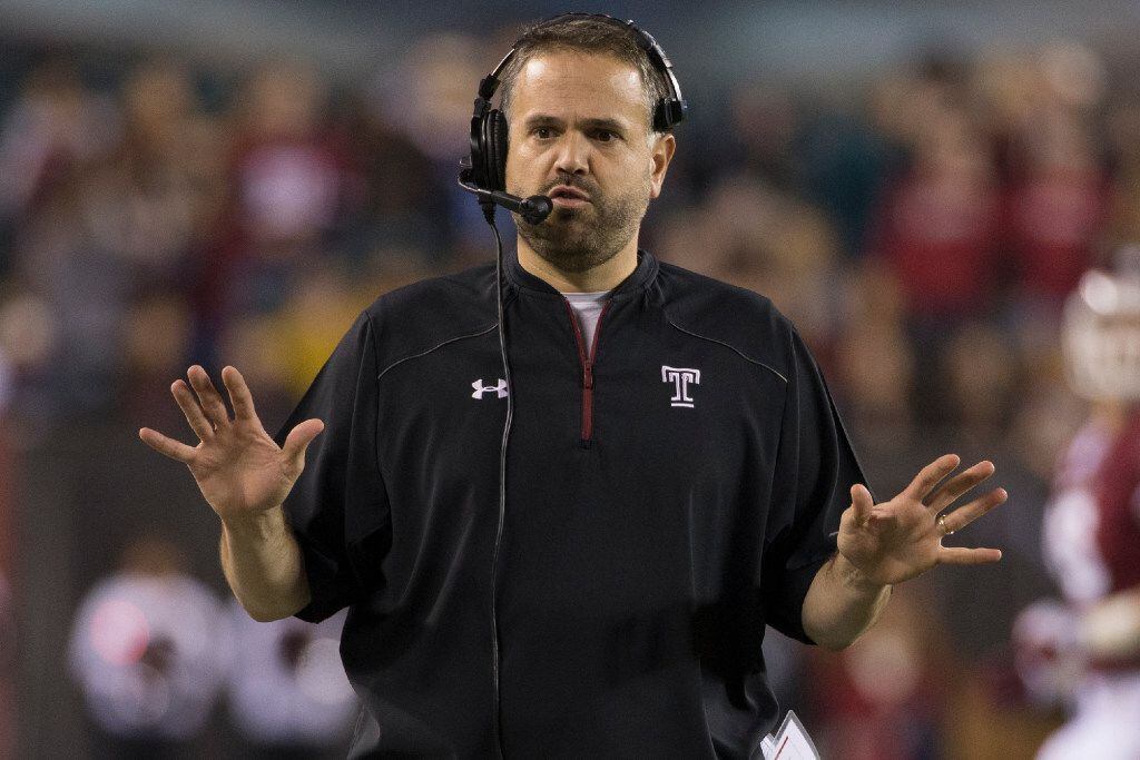 FILE - In this Nov. 28, 2015, file photo, Temple head coach Matt Rhule reacts during the...