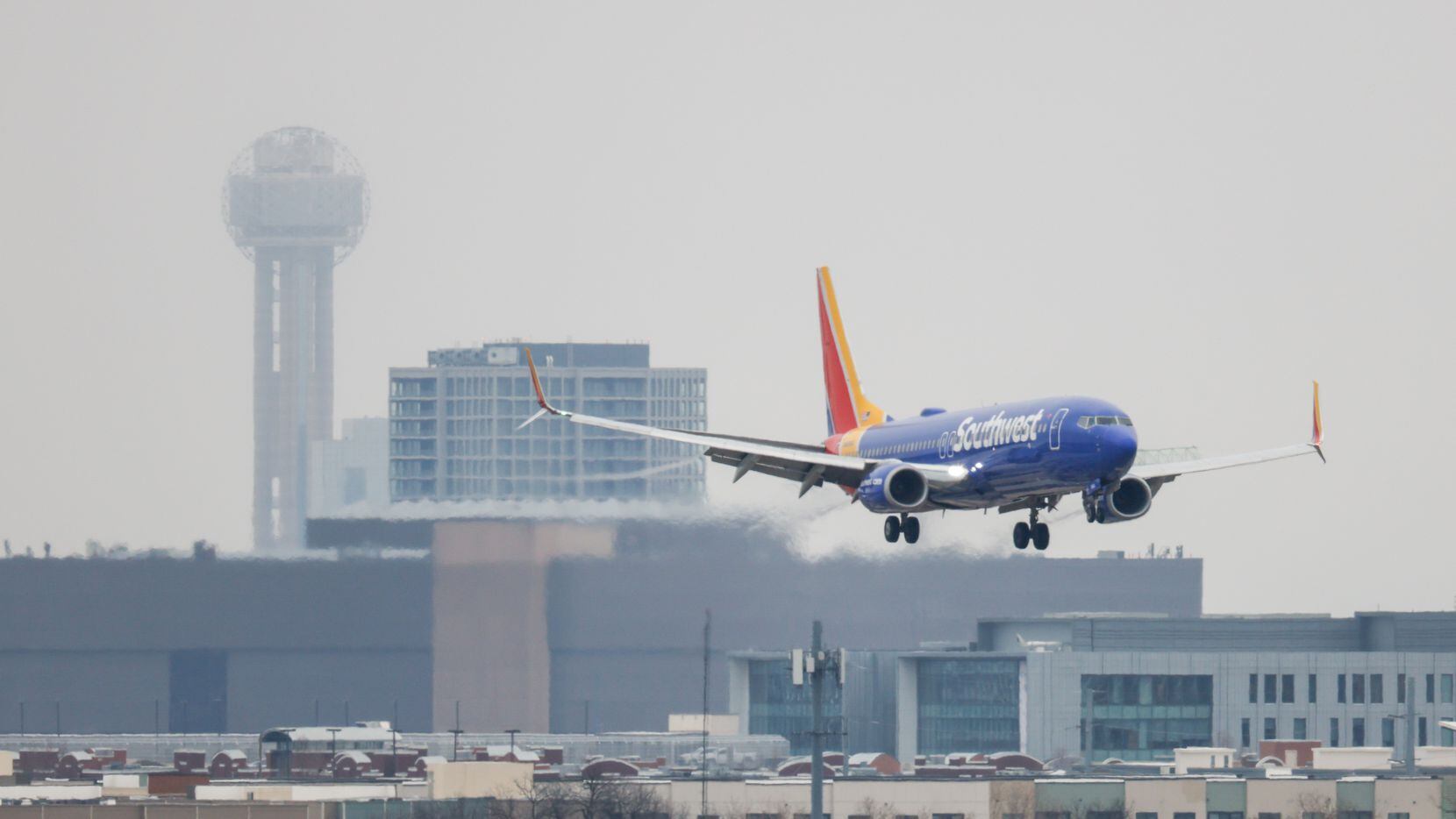 A Southwest flight arrives at the Dallas Love Field in Dallas on Monday, Jan. 30, 2023.