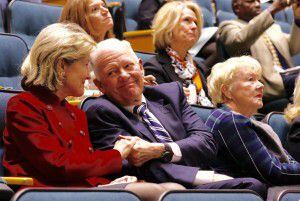  Former U.S Senator Kay Bailey Hutchison, left, gets a congratulatory hand-hold from...