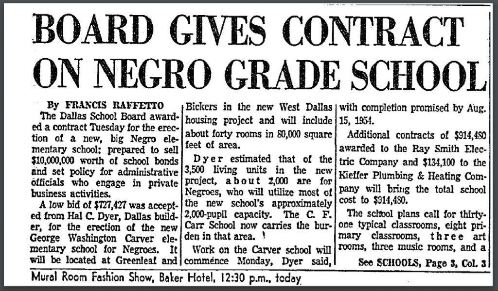 A 1953 newspaper article on plans for Dallas ISD to build George Washington Carver...