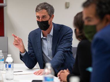 Texas gubernatorial candidate Beto O'Rourke participates in a round-table discussion with business owners and members of South Asian American Voter Empowerment about jobs local and business Dec. 1 in Addison.