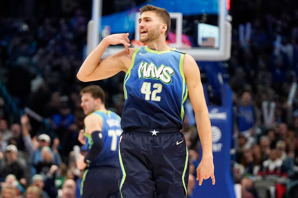 Dallas Mavericks forward Maxi Kleber (42) celebrates after hitting 3-pointer during the second half of an NBA basketball game against the Philadelphia 76ers at American Airlines Center on Saturday, Jan. 11, 2020, in Dallas.