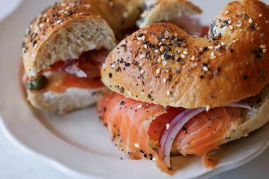 Cream cheese and smoked salmon bagel at the new Trades Delicatessen in Bishop Arts.