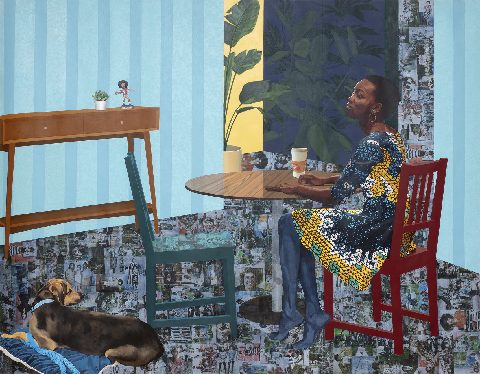 "Dwell: Me, We," a large mixed-media painting by Njideka Akunyili Crosby, shows private life...