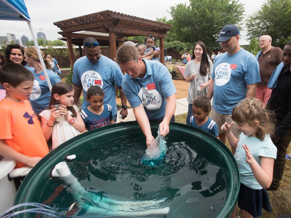 Scot Sanders, project manager of the Austin Street Center's New Hope Garden, releases fish...