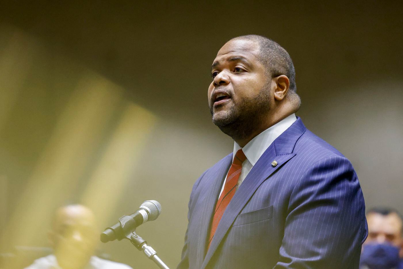 Dallas Mayor Eric Johnson speaks during his state of the city address at City Hall in Dallas on Wednesday, Nov. 17, 2021. (Elias Valverde II/The Dallas Morning News)