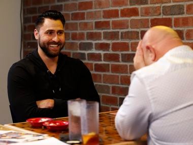 Texas Rangers outfielder Joey Gallo and Dallas Morning News reporter Evan Grant at a taping of "Meat the Press," at Zoli's NY Pizza in Addison, Texas on Thursday, January 16, 2020.