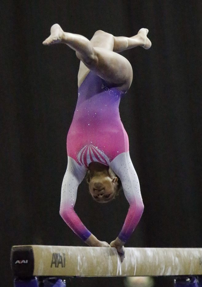 Skye Blakely with WOGA Gymnastics in Plano performs on the balance beam during the USA...
