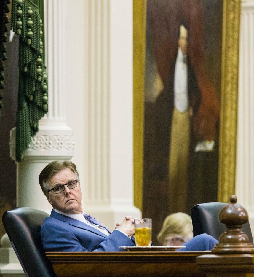 Lt. Governor Dan Patrick leans back in his chair during a midnight session during the third day of a special legislative session on Thursday, July 20, 2017 at the Texas state capitol in Austin, Texas. The midnight session was called to read and pass the Sunset Bill. 