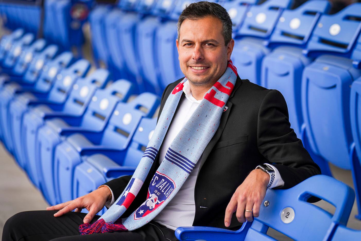 New FC Dallas head coach Nico Estévez poses for a portrait following his introductory press conference at the National Soccer Hall of Fame on Friday, Dec. 3, 2021, in Frisco, Texas.