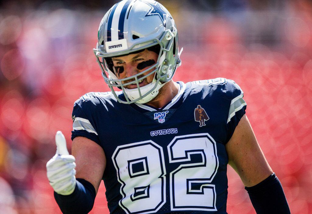 FILE - Cowboys tight end Jason Witten (82) gives a thumbs up to his family on the sideline before a game against Washington on Sunday, Sept. 15, 2019 at FedExField in Landover, Md.