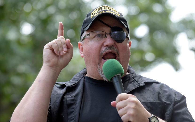 Stewart Rhodes, founder of the Oath Keepers, speaks during a rally outside the White House...