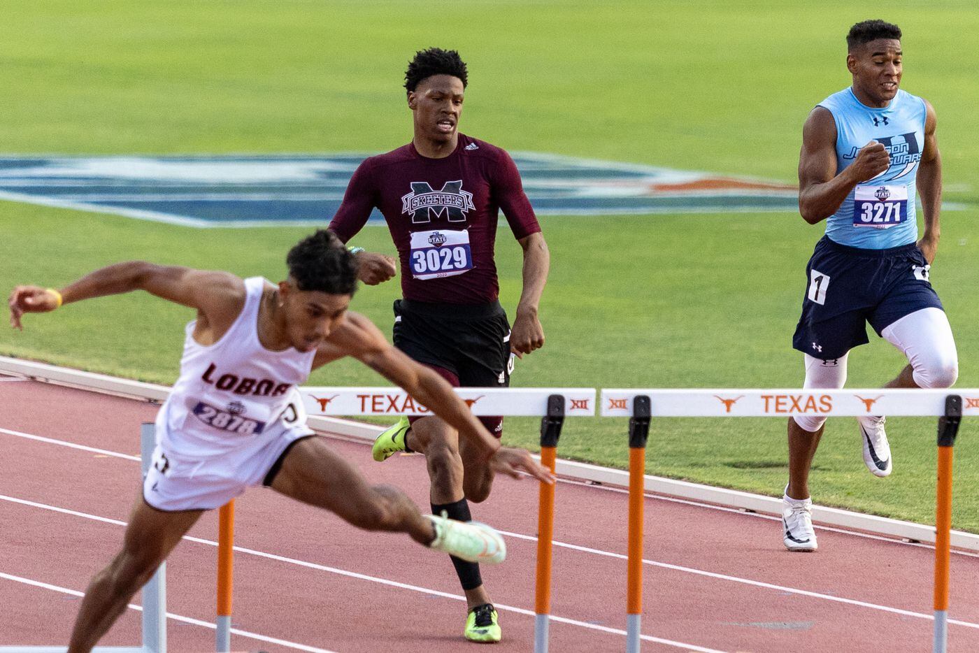 Cameron Boger of Mesquite competes in the boys’ 300-meter hurdles at the UIL Track & Field...