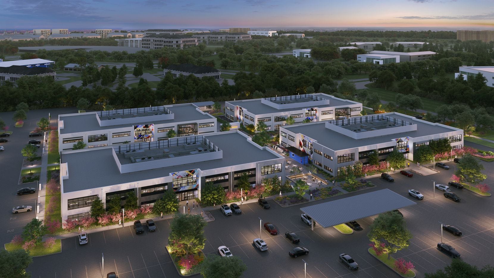 Rendering of the new creative office and tech hub that will open in Plano after it's...