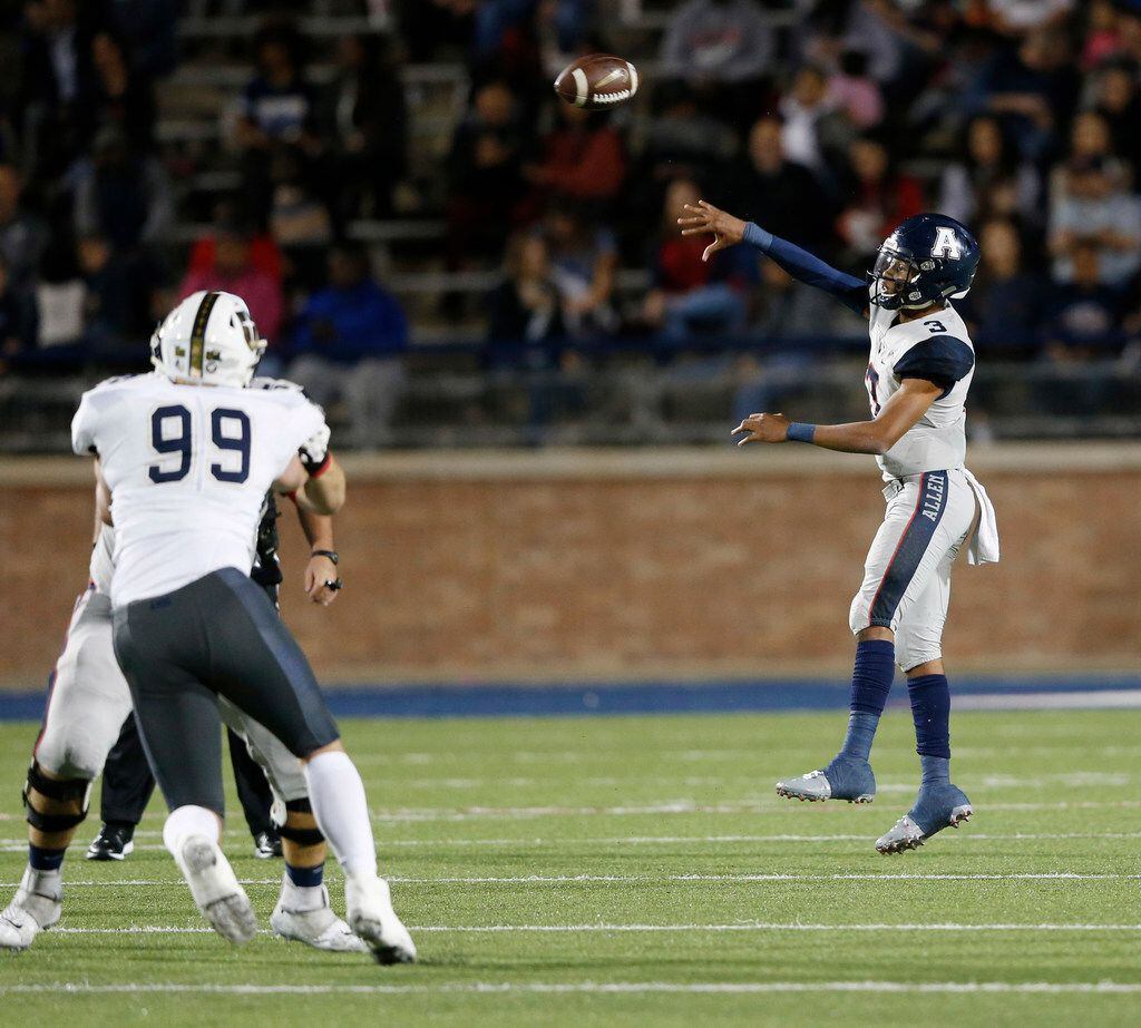 Allen's Raylen Sharpe (3) attempts a pass in a game against Jesuit during the first half of...