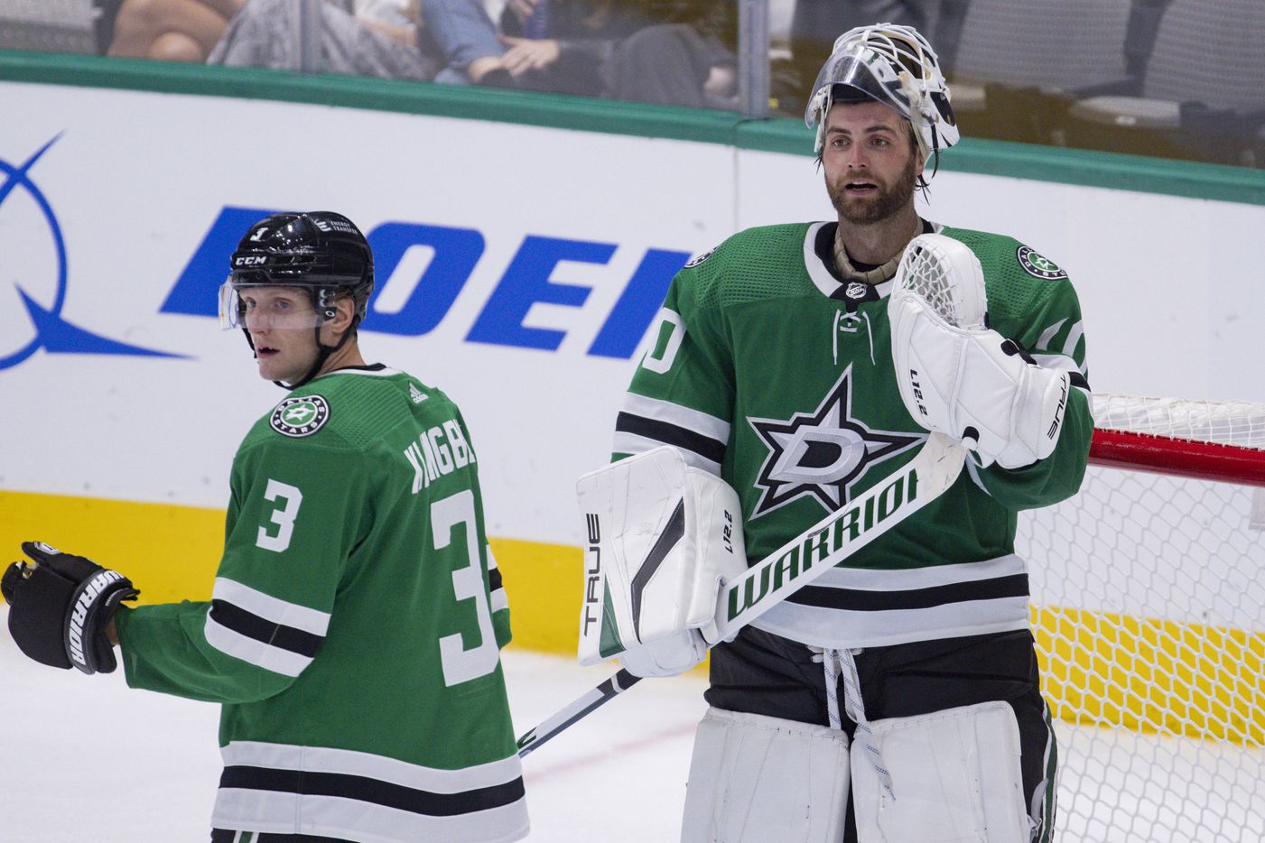 Dallas Stars defenseman John Klingberg (3) and Dallas Stars goaltender Braden Holtby (70) during the third period of a Dallas Stars preseason game against St. Louis Blues on Tuesday, Oct. 5, 2021, at American Airlines Center in Dallas. (Juan Figueroa/The Dallas Morning News)