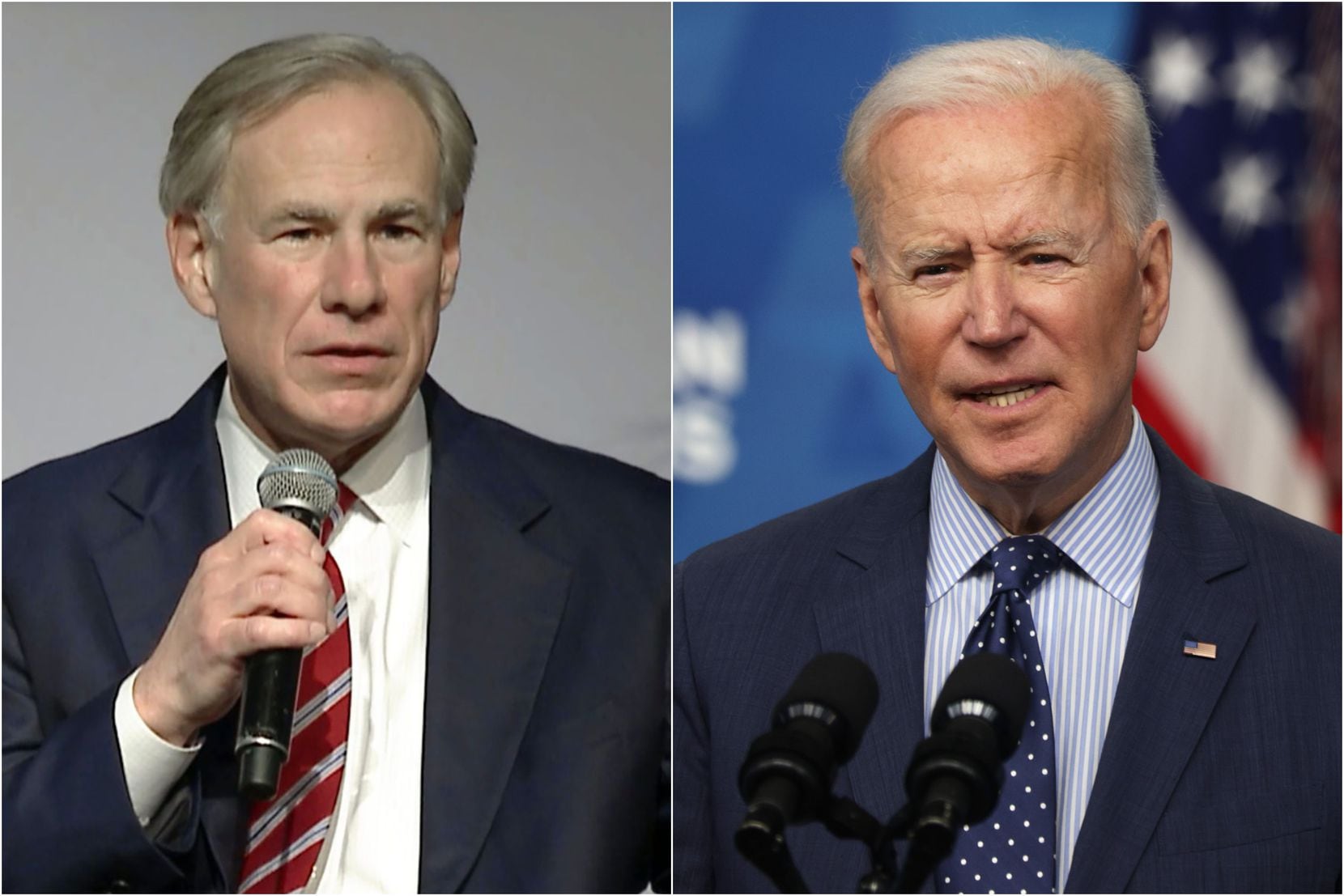 A composite photo of Gov. Greg Abbott, left, and President Joe Biden. Democrats have been...