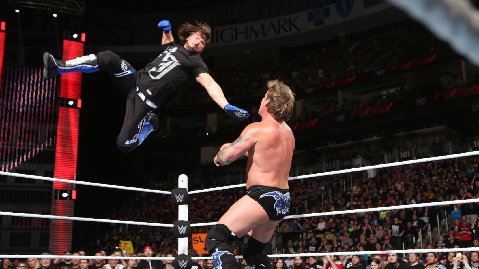 AJ Styles prepares to hit Chris Jericho with a flying forearm on an epsiode of Monday Night...