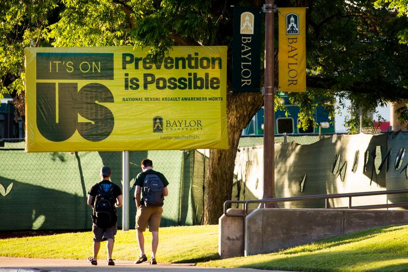  A sign on the Baylor University campus touted National Sexual Assault Awareness Month in...