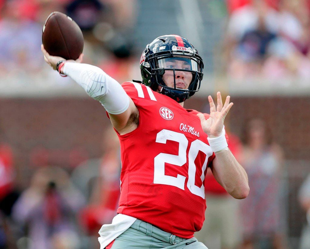 FILE -In this Oct. 14, 2017, file photo Mississippi quarterback Shea Patterson passes...