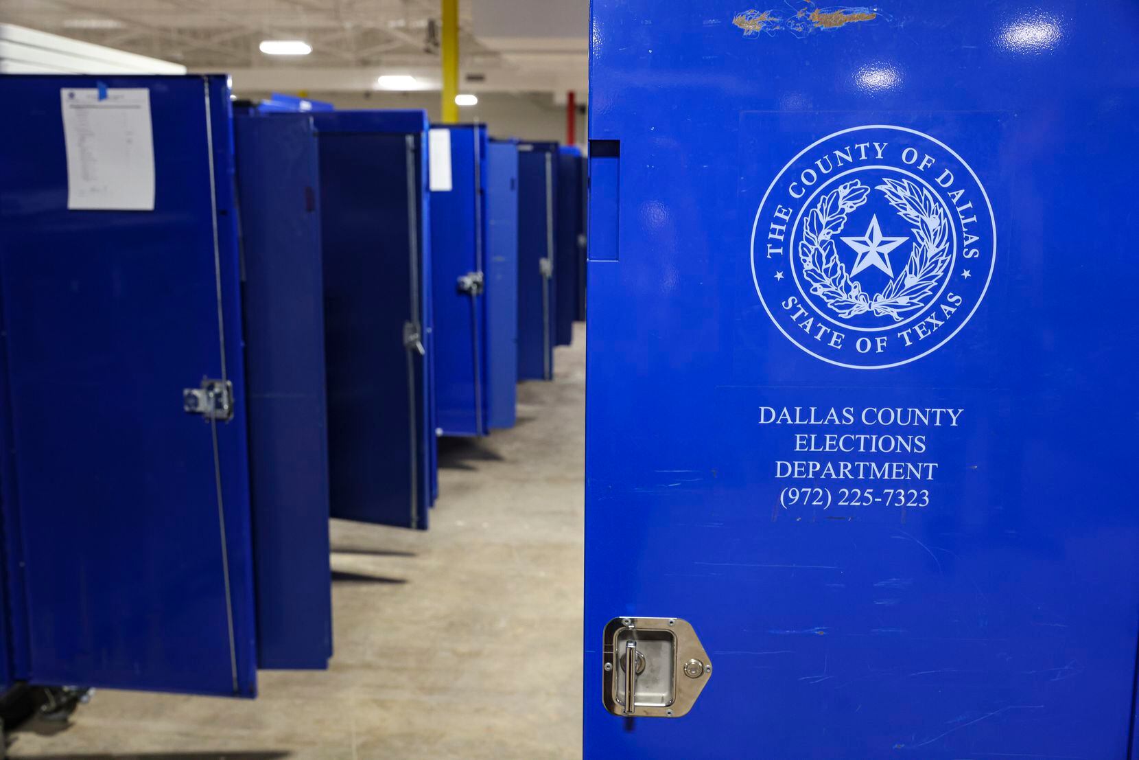 A row of election supply carts, Thursday, Oct. 6, 2022 at Dallas County Election Center in...