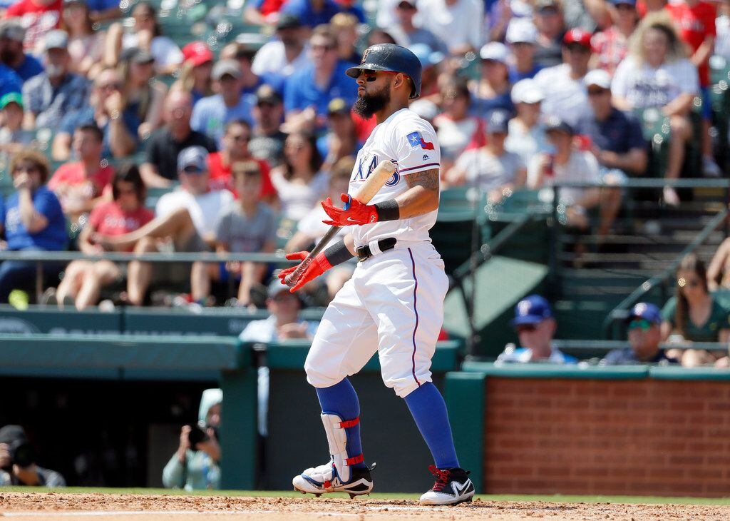 Rangers second baseman Rougned Odor strikes out facing New York Yankees pitcher Luis...