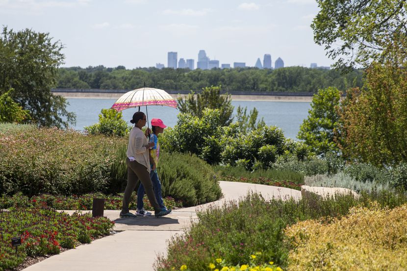 With White Rock Lake and the Dallas skyline visible in the background, Kathy Caldwell walks...