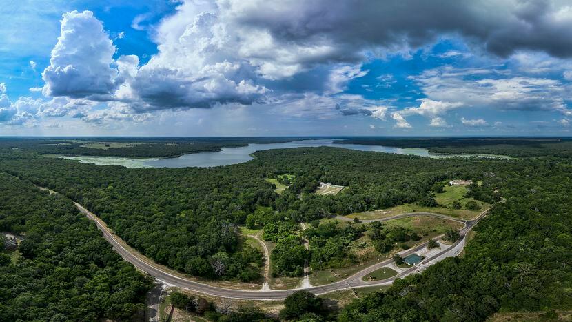 A panoramic aerial view of Fairfield Lake State Park with the closed main gate at bottom...