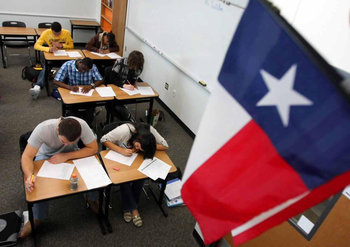 Students at Lone Star High School in Frisco wrote English essays during a practice test in...