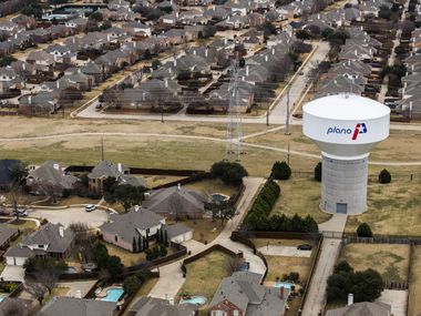 A water tower near High Mesa Drive, as viewed from a helicopter on Wednesday, January 4, 2017 in Plano, Texas.