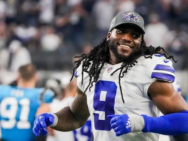 Dallas Cowboys middle linebacker Jaylon Smith smiles as he leaves the field after the Cowboys 36-28 victory over the Carolina Panthers in an NFL football game at AT&T Stadium on Sunday, Oct. 3, 2021, in Arlington.