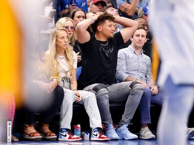 Kansas City Chiefs quarterback Patrick Mahomes reacts to a missed call against the Utah Jazz...